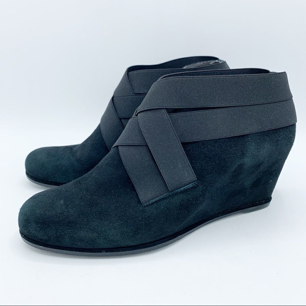 Stuart Weitzman Be‎ Happy Black Suede Hidden Wedge Booties Criss-cross Elastic